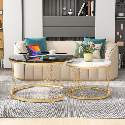 Salontafel – Bijzettafel – Koffietafel – Woonkamertafel – Nesting Set – Rond Marmerfineer – Gouden Metalen Frame – Ruimtebesparend Design – Eenvoudige Montage
