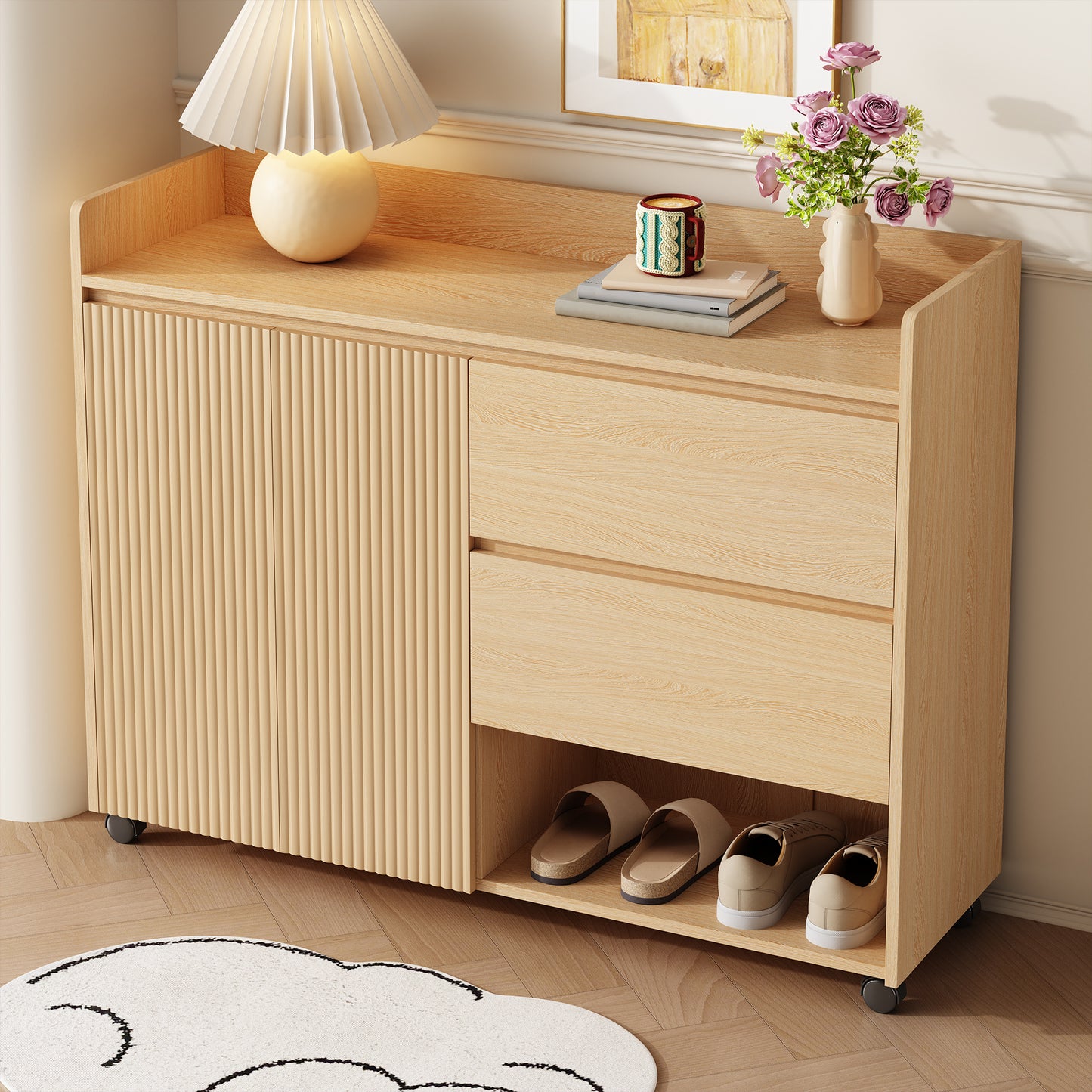 BTM Shoe Cabinet with Wood Look, Wheels, and Brake, Dresser with Adjustable Shelves, Drawers, and Open Compartments, Modern Hall Cabinet for Entryway or Living Room, 110×35×86 cm
