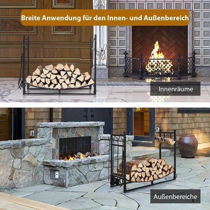 Houtopslagrek – Houtdrager – Vuurplek – Houtstapelrek – Houtstapelhouder – Zwaar Stalen Frame – Inclusief 4 Houtkachelgereedschappen