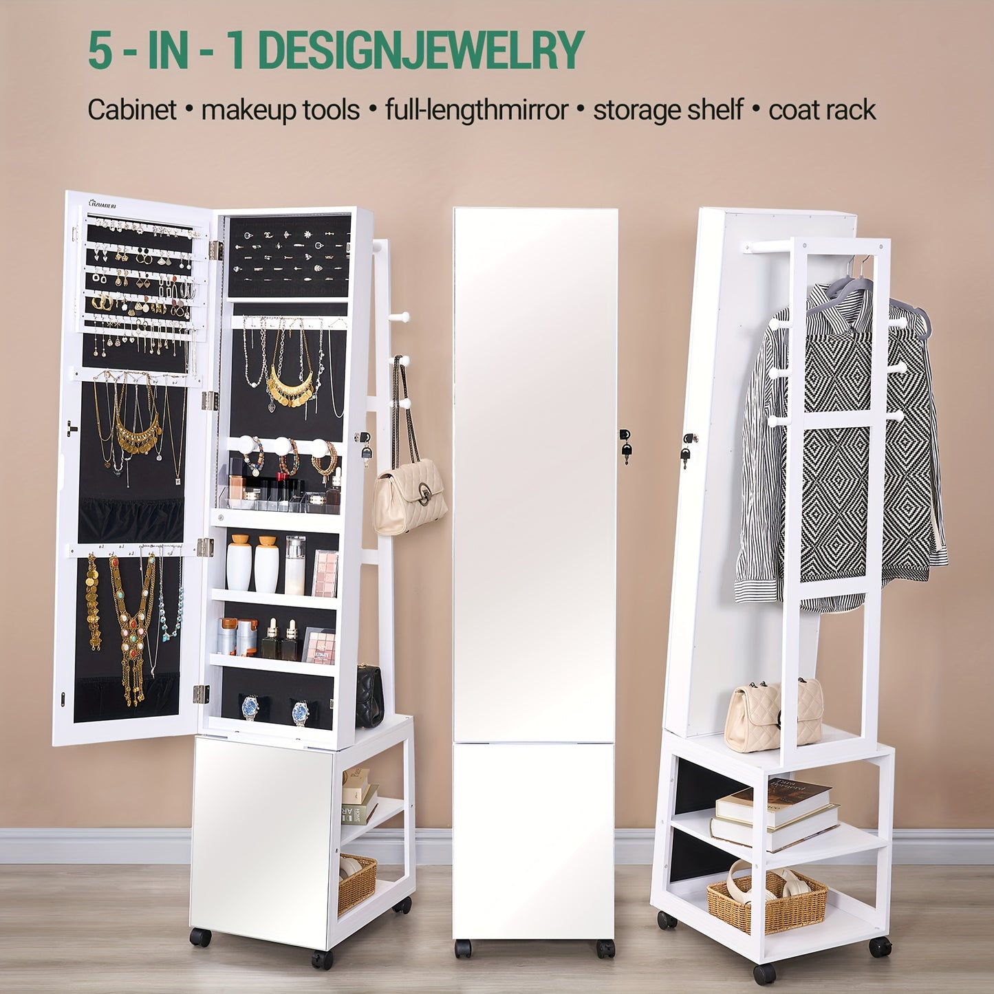 Sieradencabinet – Sieradendoos – Juwelendoos – Sieradenkast – Sieradenopberger – Volledige Spiegel 169 cm – Verplaatsbaar Met Wieltjes En Slot