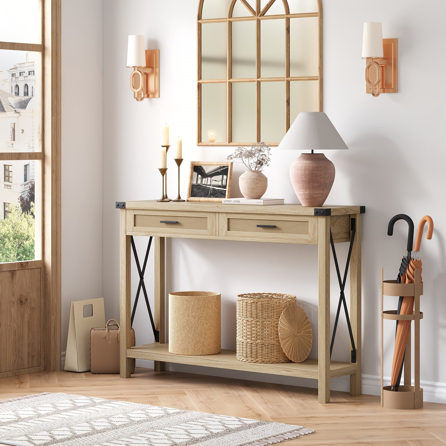 Console Table – Sidetable – Haltafel – Sofa Table – Opbergmeubel – 110x30x78 cm – MDF & Massief Hout – Rattan Lades met X-Design