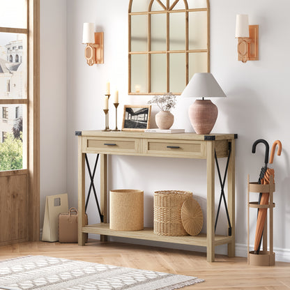 Console Table – Sidetable – Haltafel – Sofa Table – Opbergmeubel – 110x30x78 cm – MDF & Massief Hout – Rattan Lades met X-Design