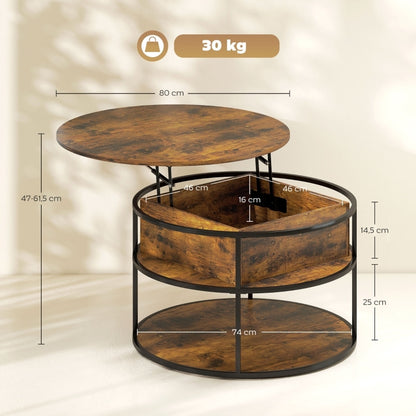 Verstelbare Salontafel – Ronde Tafel – Bijzettafel – Coffee Table – Woonkamer Tafel – Bruin – Hoogte Verstelbaar 47-61,5 cm – Met Verborgen Opbergruimte