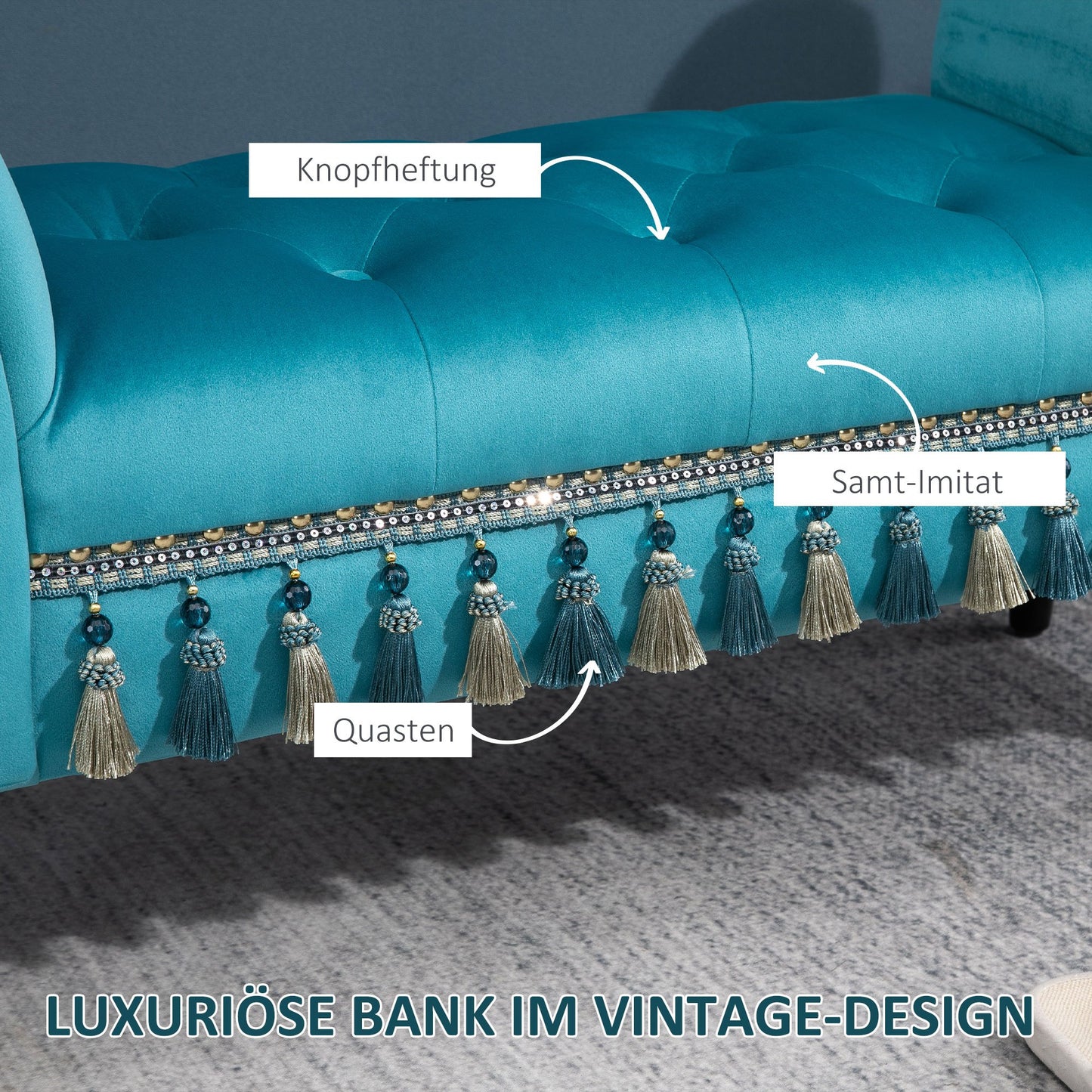 Poef – zitbank – schoenenbank – hocker – zitmeubel – fluwelen bekleding – massief houten frame – 117x40x58 cm – maximale draagkracht 150 kg