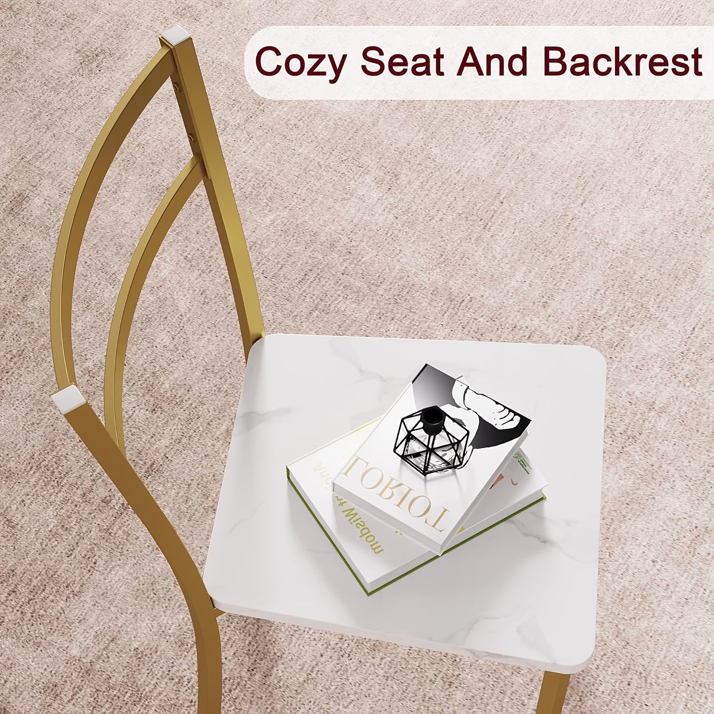 Eettafelset – Eethoek – Keukentafelset – Zitgroep – Tafel en Stoelen – Ronde Tafel Ø 80 cm – Wit Marmerlook Met Goud Metaal – Ruimtebesparend Compact Design – Makkelijk Schoon Te Maken