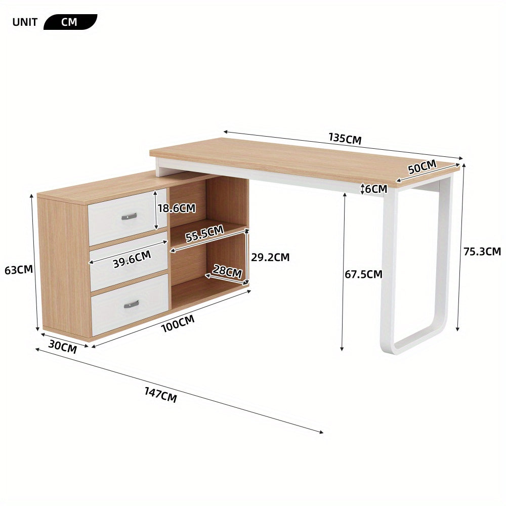 Modern Minimalist Computer Desk & Bookcase Combo - Heavy-Duty Metal Frame, 3 Drawers & 2 Open Shelves, Wide Thick Desktop, Natural Wood Finish, Space-Saving Design for Home Office, Study, or Workspace, Desk Storage, Study Roo