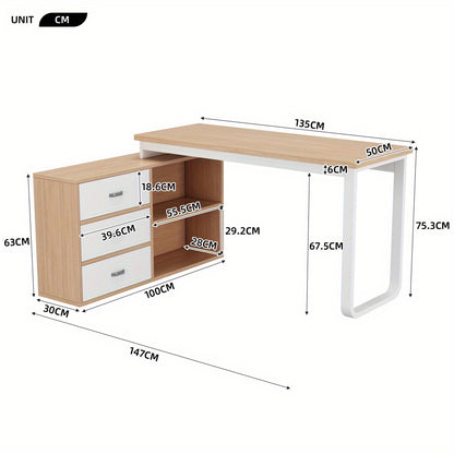 Modern Minimalist Computer Desk & Bookcase Combo - Heavy-Duty Metal Frame, 3 Drawers & 2 Open Shelves, Wide Thick Desktop, Natural Wood Finish, Space-Saving Design for Home Office, Study, or Workspace, Desk Storage, Study Roo