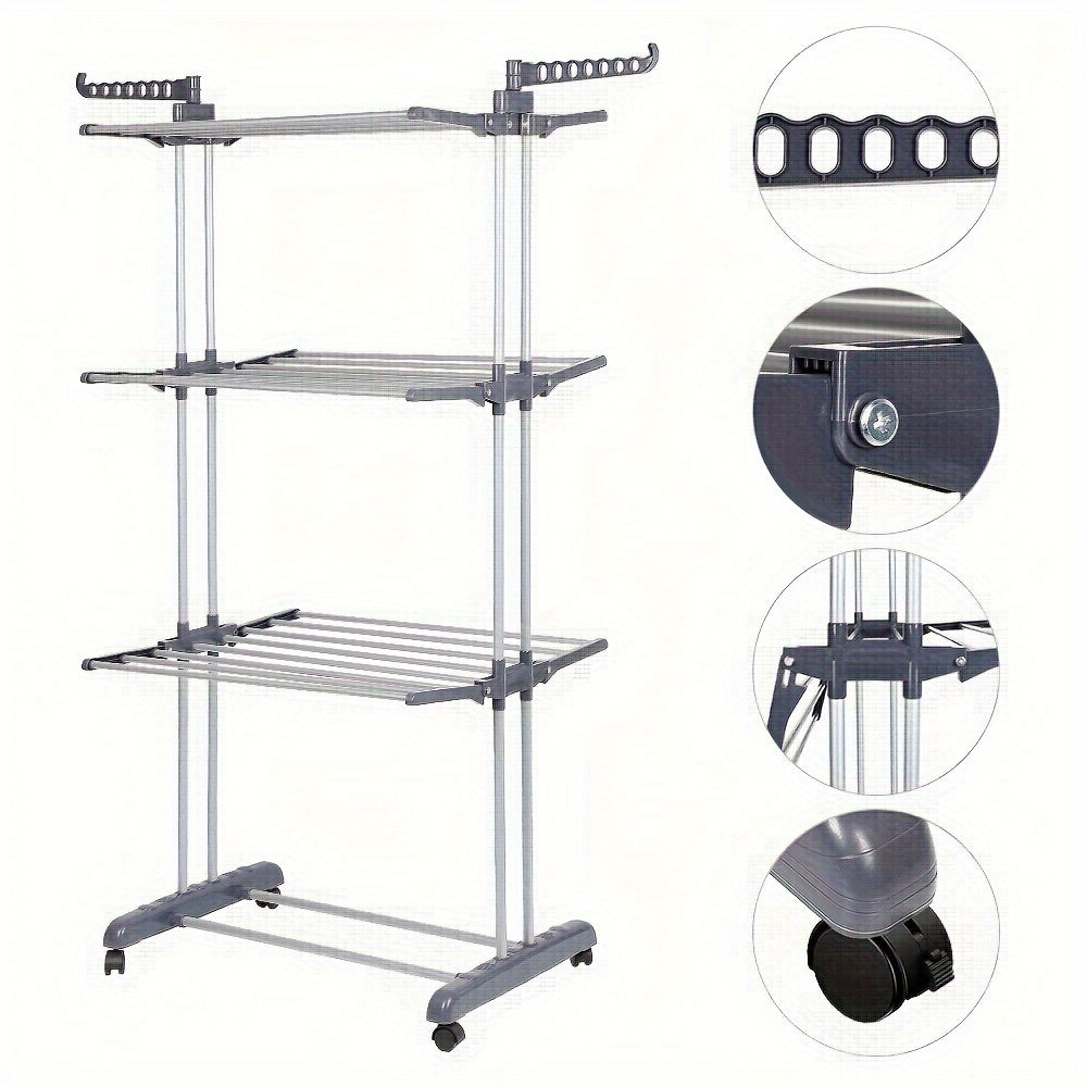 Vertical Space Saving Clothes Drying Rack - Heavy Duty Grey Silver Metal Frame, Rollable Design, 75x49x170cm Large Capacity, Suitable For Indoor/Outdoor Use (Foldable), Drying Racks