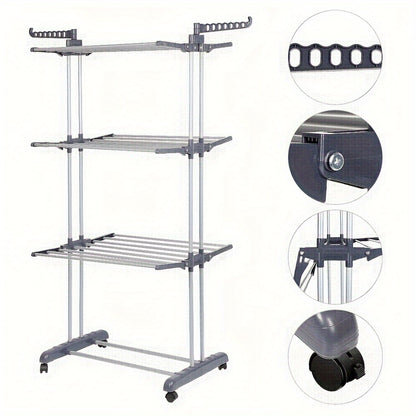 Vertical Space Saving Clothes Drying Rack - Heavy Duty Grey Silver Metal Frame, Rollable Design, 75x49x170cm Large Capacity, Suitable For Indoor/Outdoor Use (Foldable), Drying Racks