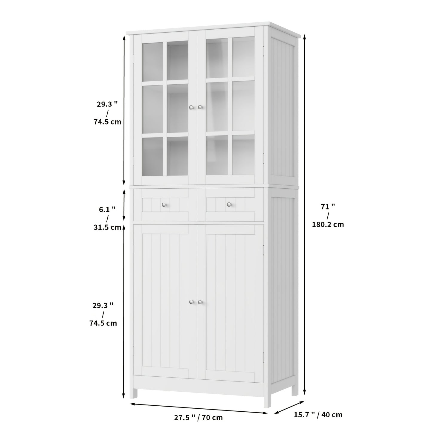 Keukenkast – Voorraadkast – Opbergkast – Buffetkast – Keukenmeubel – 181 cm Hoog – MDF Hout Wit Met Glazen Deurtjes