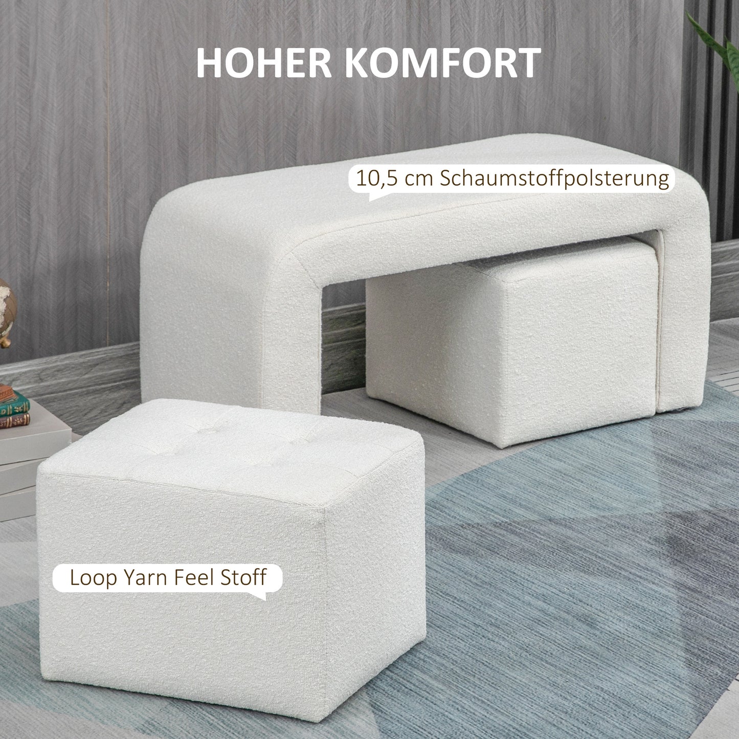 Poef – Hocker – Voetenbankje – Kruk – Opbergpoef – Set van 3 – Wit – Comfortabel Zitten – Stevig Eucalyptushouten Frame