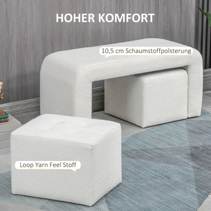 Poef – Hocker – Voetenbankje – Kruk – Opbergpoef – Set van 3 – Wit – Comfortabel Zitten – Stevig Eucalyptushouten Frame