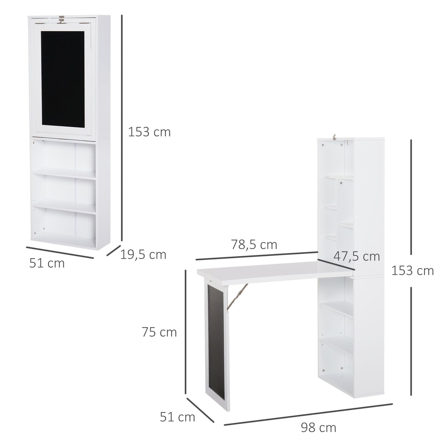 Klapbureau – Opklapbare Werktafel – Muurbureau – Schrijftafel – Opbergbureau – Wit – MDF Houtfineer – Ingebouwd Whiteboard & Boekenplank