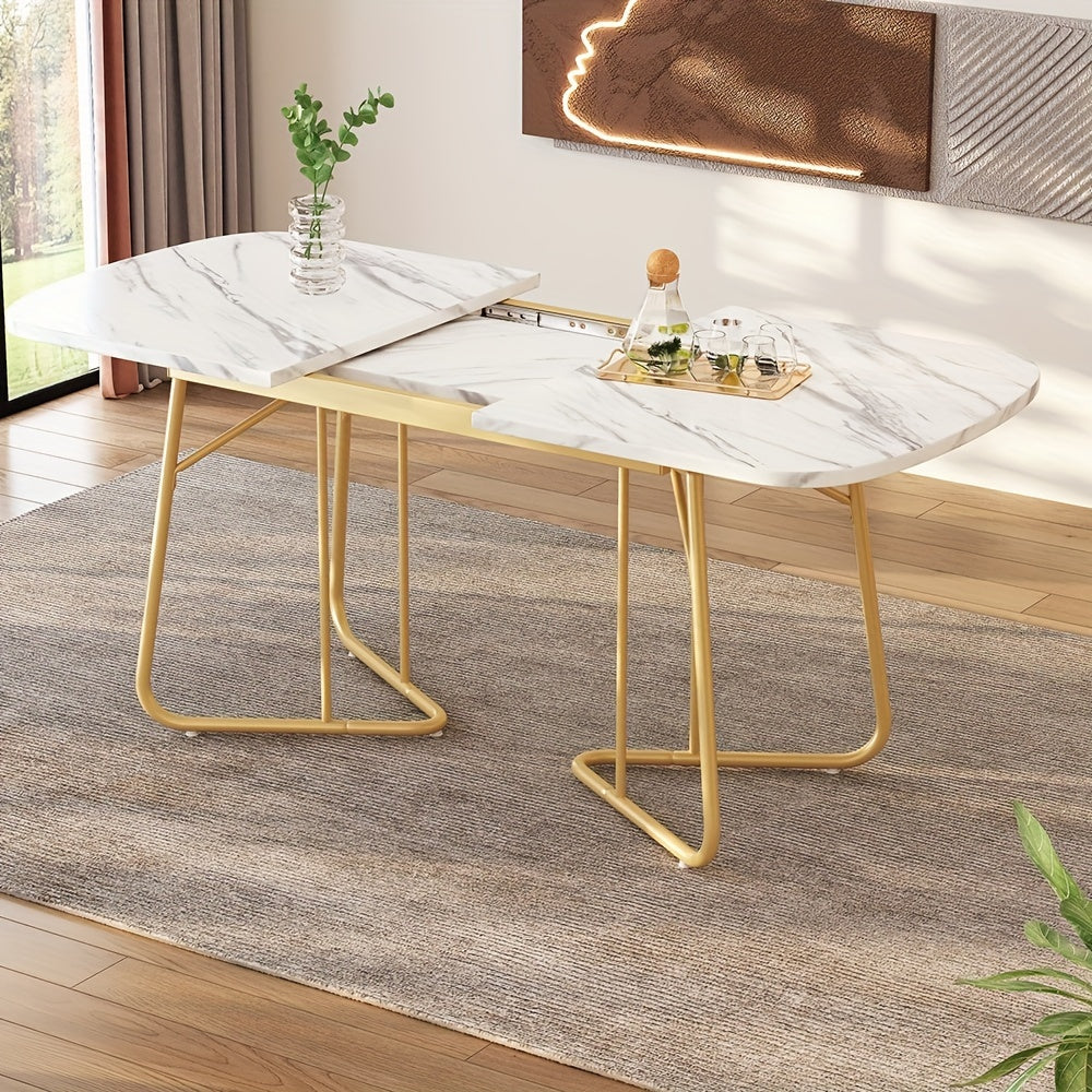 Uitschuifbare Eettafel – Uitklapbare Tafel – Verstelbare Eettafel – Marmeren Tafel – Witte Eettafel – Goudkleurige Metalen Poten – 140-180 cm Lengte – Modern Luxe Design