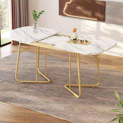 Uitschuifbare Eettafel – Uitklapbare Tafel – Verstelbare Eettafel – Marmeren Tafel – Witte Eettafel – Goudkleurige Metalen Poten – 140-180 cm Lengte – Modern Luxe Design