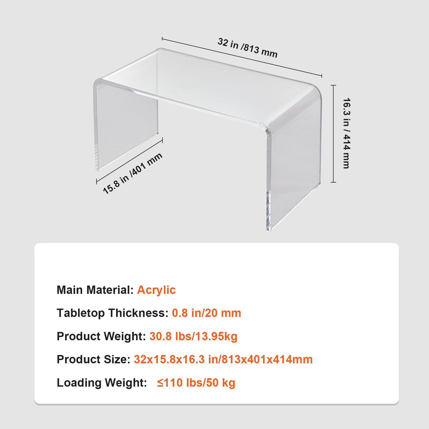 Bijzettafel – Sidetable – Salontafel – Bijzettafeltje – U-vormige Acryltafel – Transparant Acryl – 81,3 x 40,1 x 41,4 cm – Stevig en Stabiel