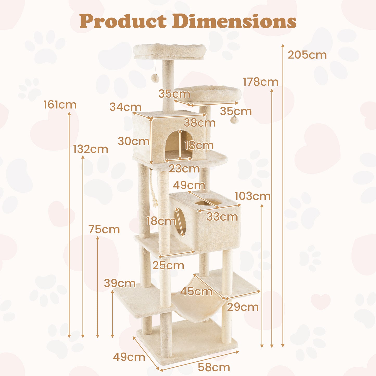 Kattenboom – Krabpaal – Klimmeubel – Speelboom – Kattenmeubel – Beige – 205 cm Hoog – Ruime Platforms & Sisal Palen