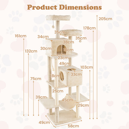 Kattenboom – Krabpaal – Klimmeubel – Speelboom – Kattenmeubel – Beige – 205 cm Hoog – Ruime Platforms & Sisal Palen