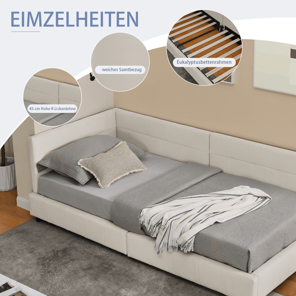 Slaapbank – Sofa Bed – Bedbank – Hoekbank – Vouwbank – Modern – Licht Beige Fluweel – Ruimtebesparend L-Vormig Ontwerp – Stevig Teakhout & IJzeren Frame