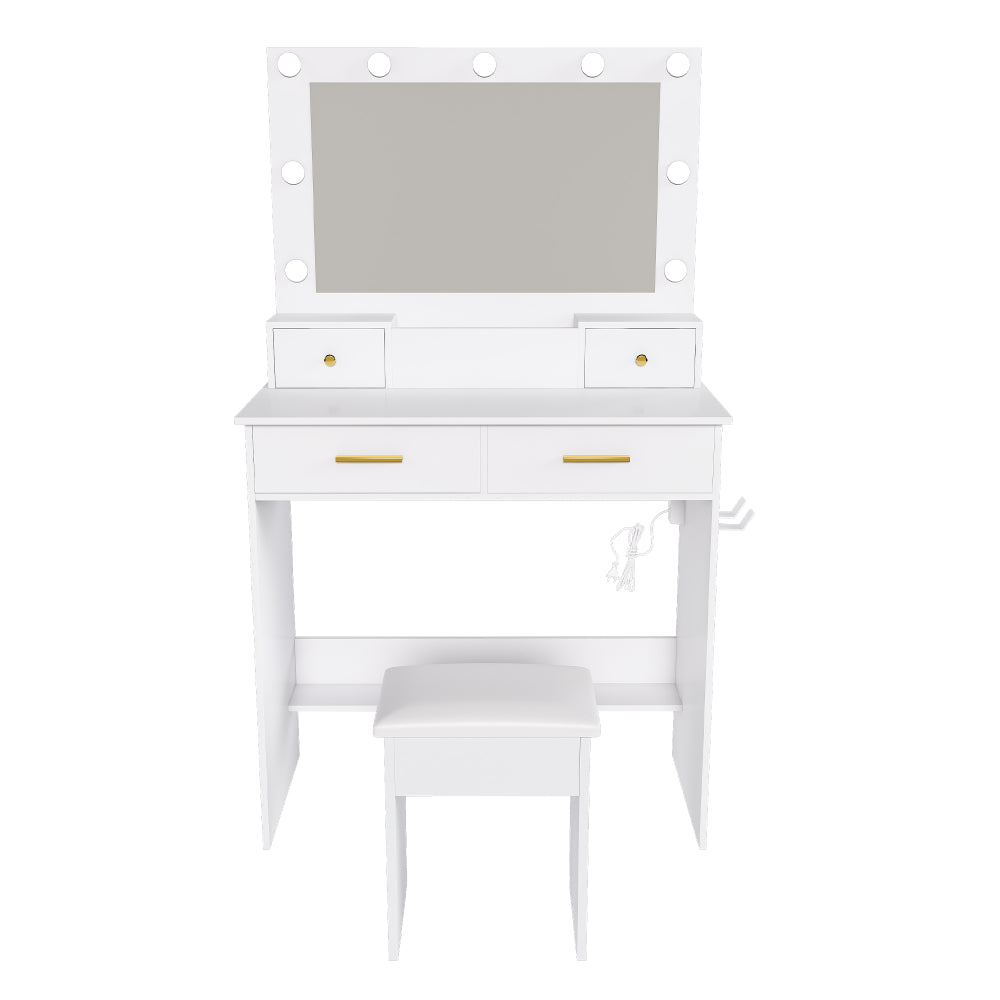 Kaptafel – Make-up Tafel – Toilettafel – Vanity Unit – Dressing Table – Wit – Inclusief Zacht Gevoerde Kruk – 4 Lades Met Opbergbak