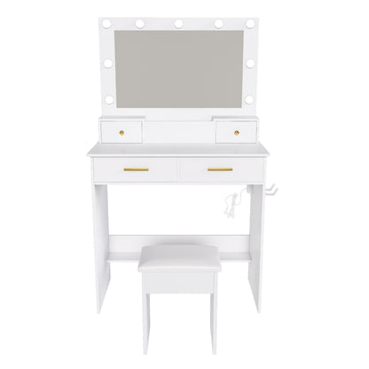 Kaptafel – Make-up Tafel – Toilettafel – Vanity Unit – Dressing Table – Wit – Inclusief Zacht Gevoerde Kruk – 4 Lades Met Opbergbak