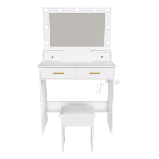 Kaptafel – Make-up Tafel – Toilettafel – Vanity Unit – Dressing Table – Wit – Inclusief Zacht Gevoerde Kruk – 4 Lades Met Opbergbak