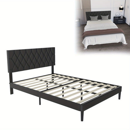Gestoffeerd Bed – Bedframe – Slaapbed – Ledikant – Platformbed – Zwart Kunstleer – 140x200 cm – Comfortabel Hoofdbord – Stevige Lattenbodem