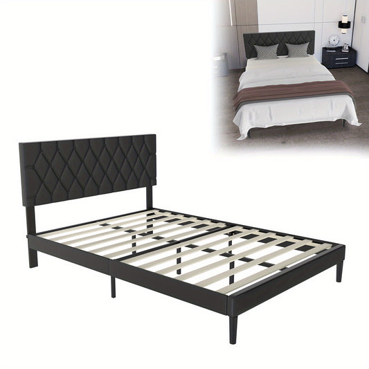Gestoffeerd Bed – Bedframe – Slaapbed – Ledikant – Platformbed – Zwart Kunstleer – 140x200 cm – Comfortabel Hoofdbord – Stevige Lattenbodem
