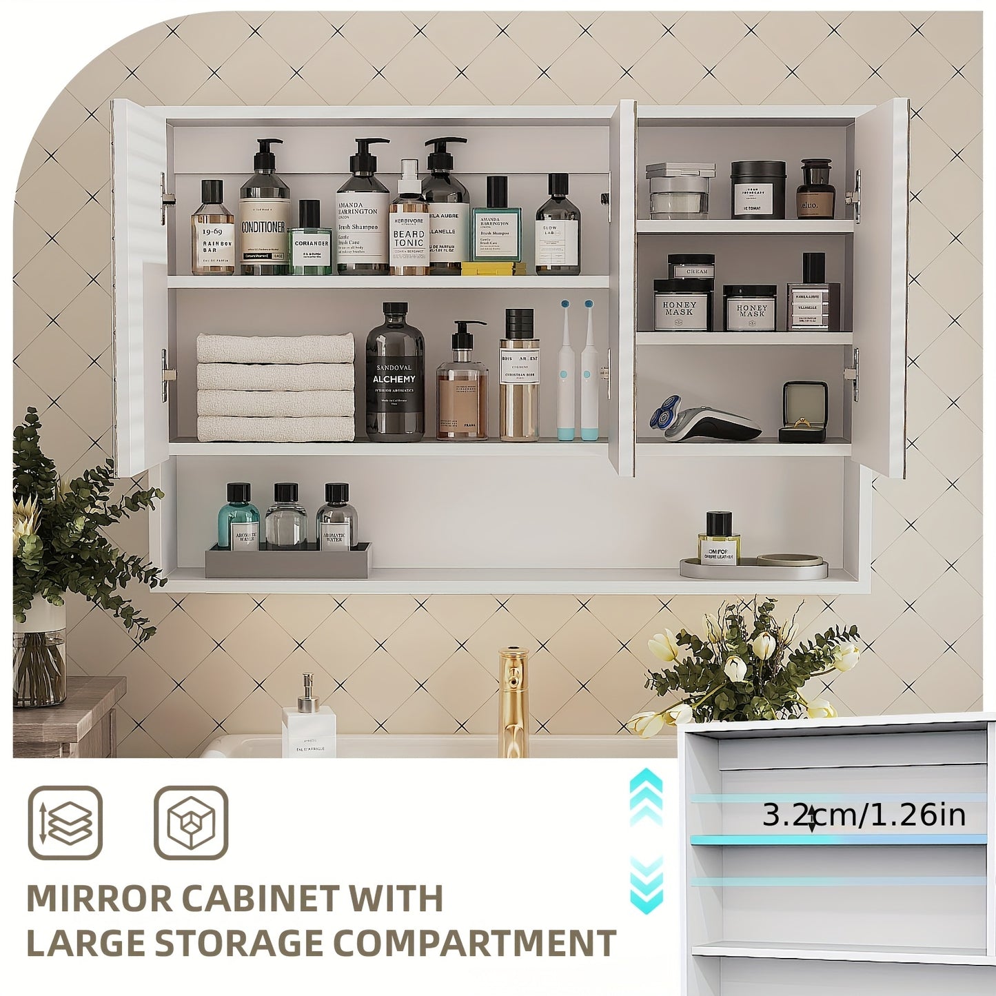 Apotheekkastje – Medicijnkastje – Badkamerkast – Wandkast – Toiletkast – Houten 3-Deurs – LED-Touchsensor – USB Aangedreven 36V