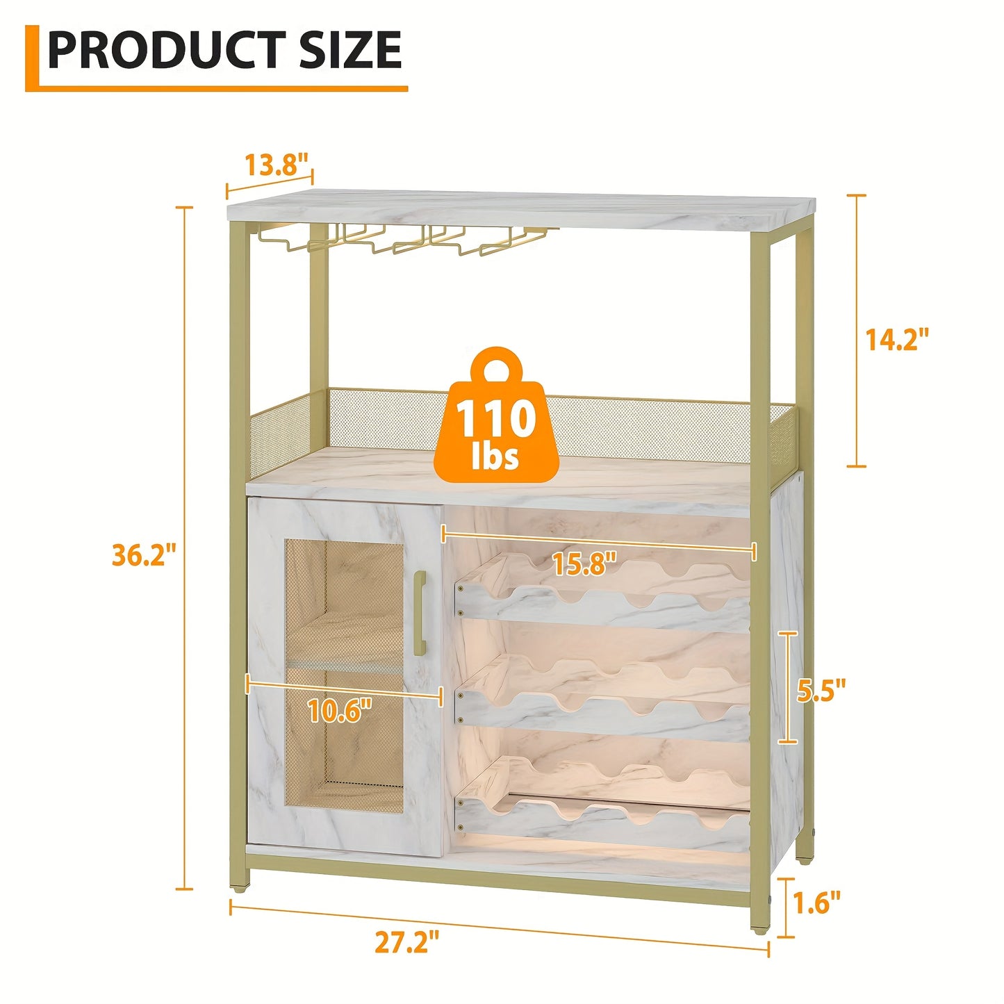 Wijnkast – Wijnrek – Drankkast – Barmeubel – Opbergkast – Verstelbare Planken – Mesh Deur – Houten Modern Design – Geen Elektriciteit – Compact 91 cm Hoog – Voor 12 Flessen & 6 Glazen – Gouden Uitvoering