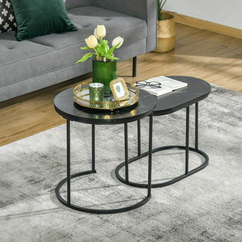 Salontafel – Koffietafel – Bijzettafel – Woonkamertafel – Zwart Stalen Frame – Stapelbaar & Marmerlook MDF Blad – 50 x 50,5 cm / 60 x 36 cm – Max 30 kg Draagkracht
