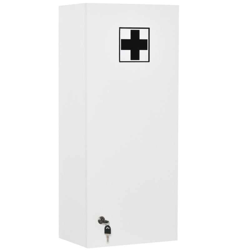 Kleankin Lockable Adjustable Medicine Cabinet with Key Lock & Red Cross Emblem - White Retro Style First Aid Storage Cabinet with Shelves & Door Storage, No Power Required for Home, Office, Bathroom, or Use - Durable & Portab