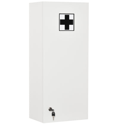 Kleankin Lockable Adjustable Medicine Cabinet with Key Lock & Red Cross Emblem - White Retro Style First Aid Storage Cabinet with Shelves & Door Storage, No Power Required for Home, Office, Bathroom, or Use - Durable & Portab