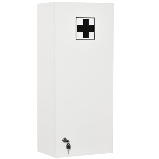 Kleankin Lockable Adjustable Medicine Cabinet with Key Lock & Red Cross Emblem - White Retro Style First Aid Storage Cabinet with Shelves & Door Storage, No Power Required for Home, Office, Bathroom, or Use - Durable & Portab