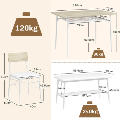 Eettafelset 4 Personen – Eettafel Met Stoelen – Eettafelbank – Dinerset – Eetkamerset – Eikenhout – Stalen Frame – Gewatteerde Zitplaatsen