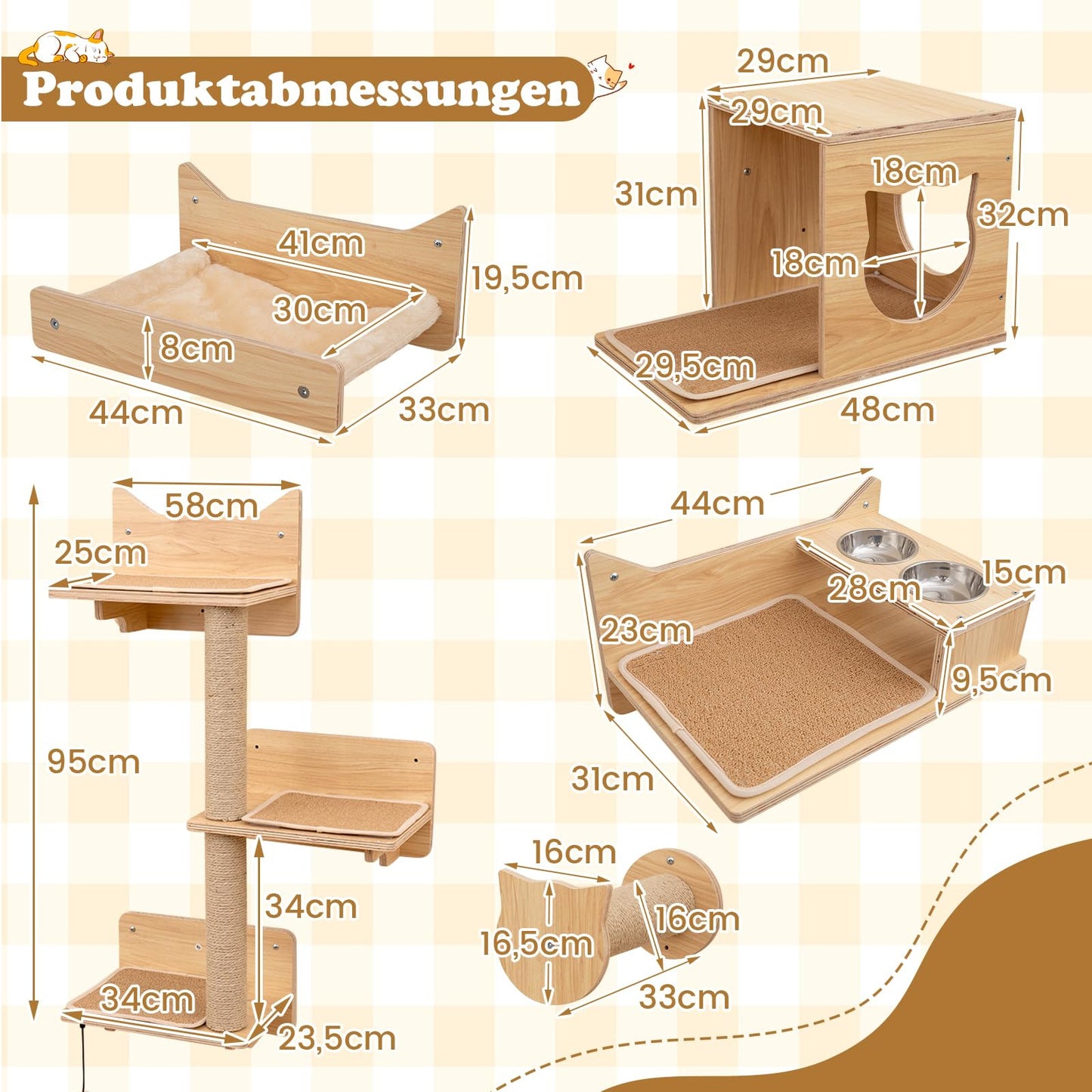 Wandmontage Kattenmeubelset – Kattenkrabpaal – Kattenboom – Kattenhuisje – Kattenhangmat – Modulaire Opbouw – Duurzaam Multiplex & Jute – Inclusief Voederplateau met Roestvrijstalen Bakken