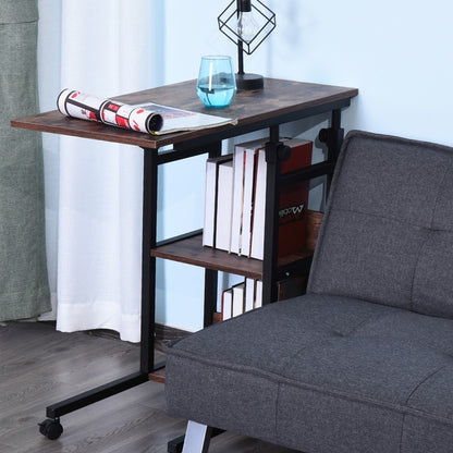 Zijtafel – Bijzettafel – Salontafel – Verstelbare Tafel – Wieltjes Tafel – Metalen Constructie – Verstelbare Hoogte 80x40x72,8 cm – Twee Planken – Bruin