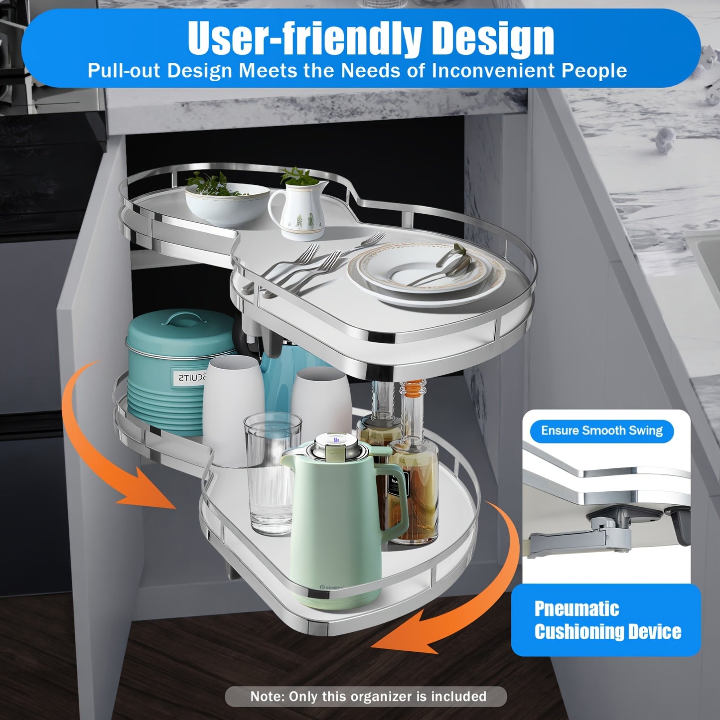 Hoekorganizer Wit – Uittrekbare Kastopberger – Hoekkast Organizer – Keukenlade Organizer – Uitschuifbare Opberger – Dubbel Laags – Verstelbare Hoogte – Chroom Geplateerd Ijzer