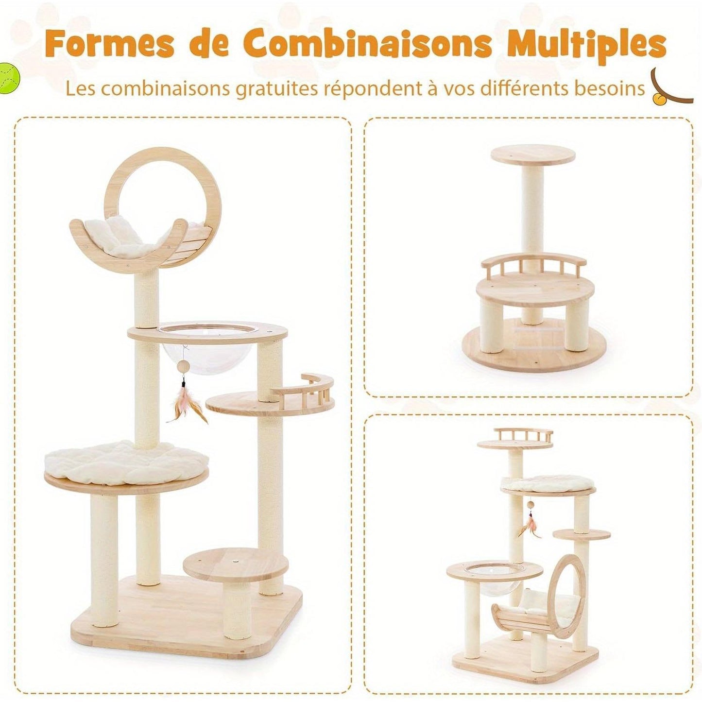 Krabpaal – Kattenboom – Krabmeubel – Kattenhuis – Krabtoren – 4-in-1 Modulair Ontwerp – Duurzaam Rubberwood 60x60x146 cm – Geschikt Voor Meerdere Katten