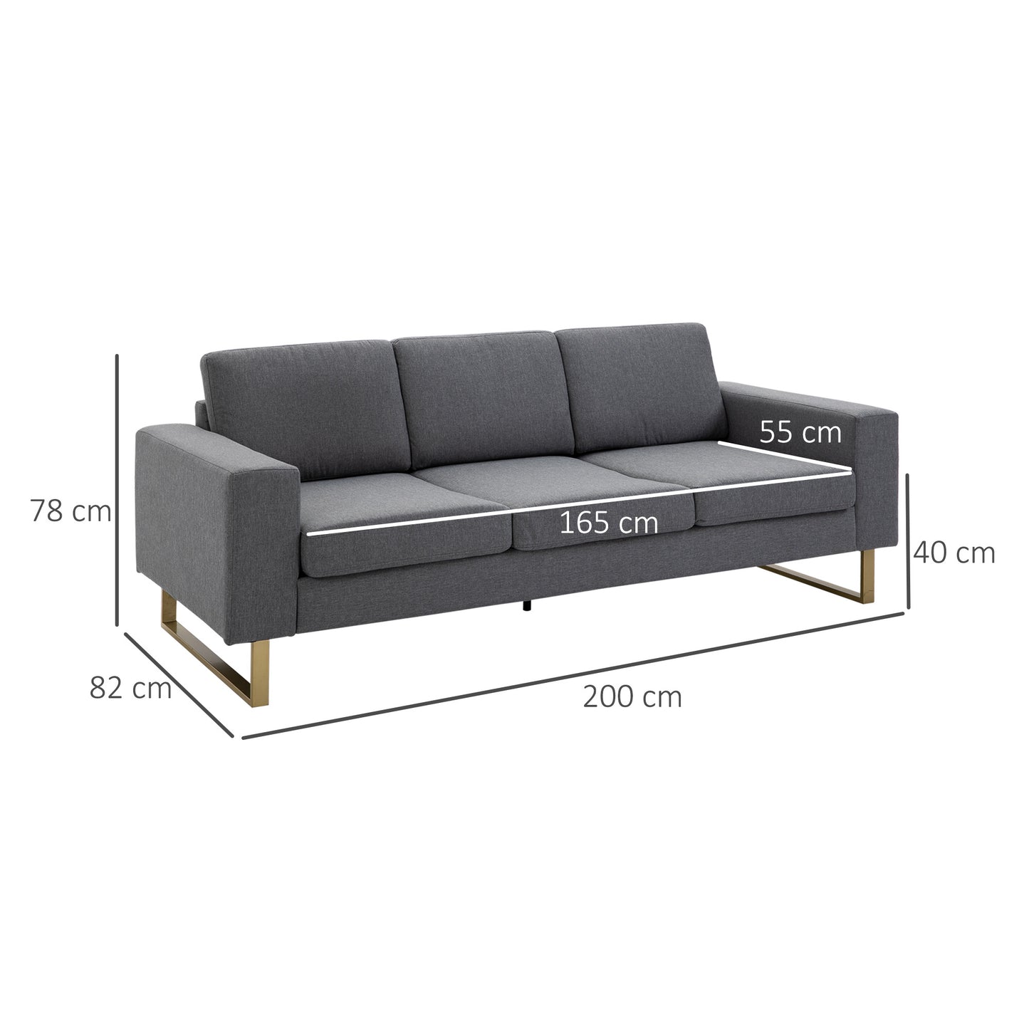3-zitsbank – sofa – zitbank – loveseat – tweezitsbank – donkergrijs – linnen-look stof – royaal formaat 200 x 82 x 78 cm