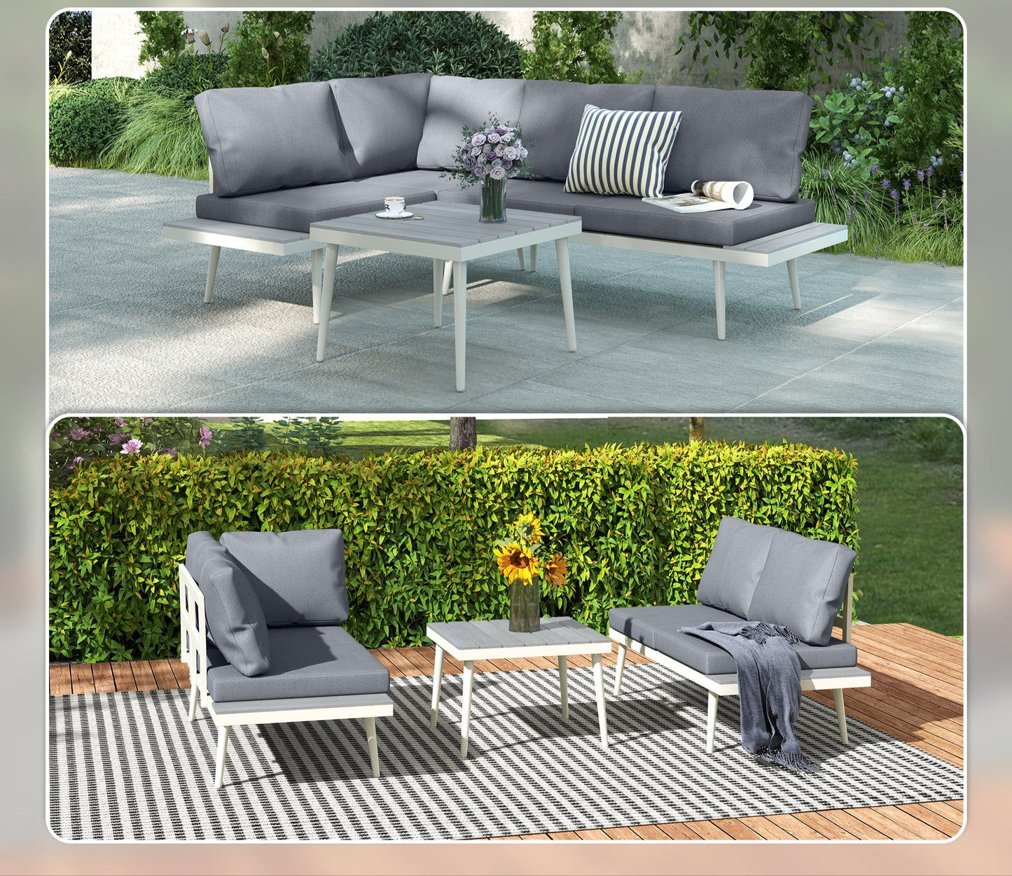 Loungeset Tuin – Tuinmeubelset – Balkonmeubels – Loungemeubelen – Tuintafel Set – 3-delig Modular – Verstelbare Zitplaatsen – Robuuste Stalen Frame – Houtlook Tafelblad – Afneembare Wasbare Kussens – Ademend Textiel