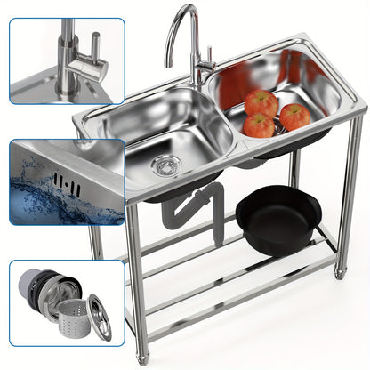 Dubbele RVS Spoelbak – RVS Keukenspoelbak – Vrijstaande Spoelbak – Dubbele Waskom – Buiten Spoelbak – 78x43x82 cm – Inclusief Warm- en Koudwaterkraan – Roestvrij Staal