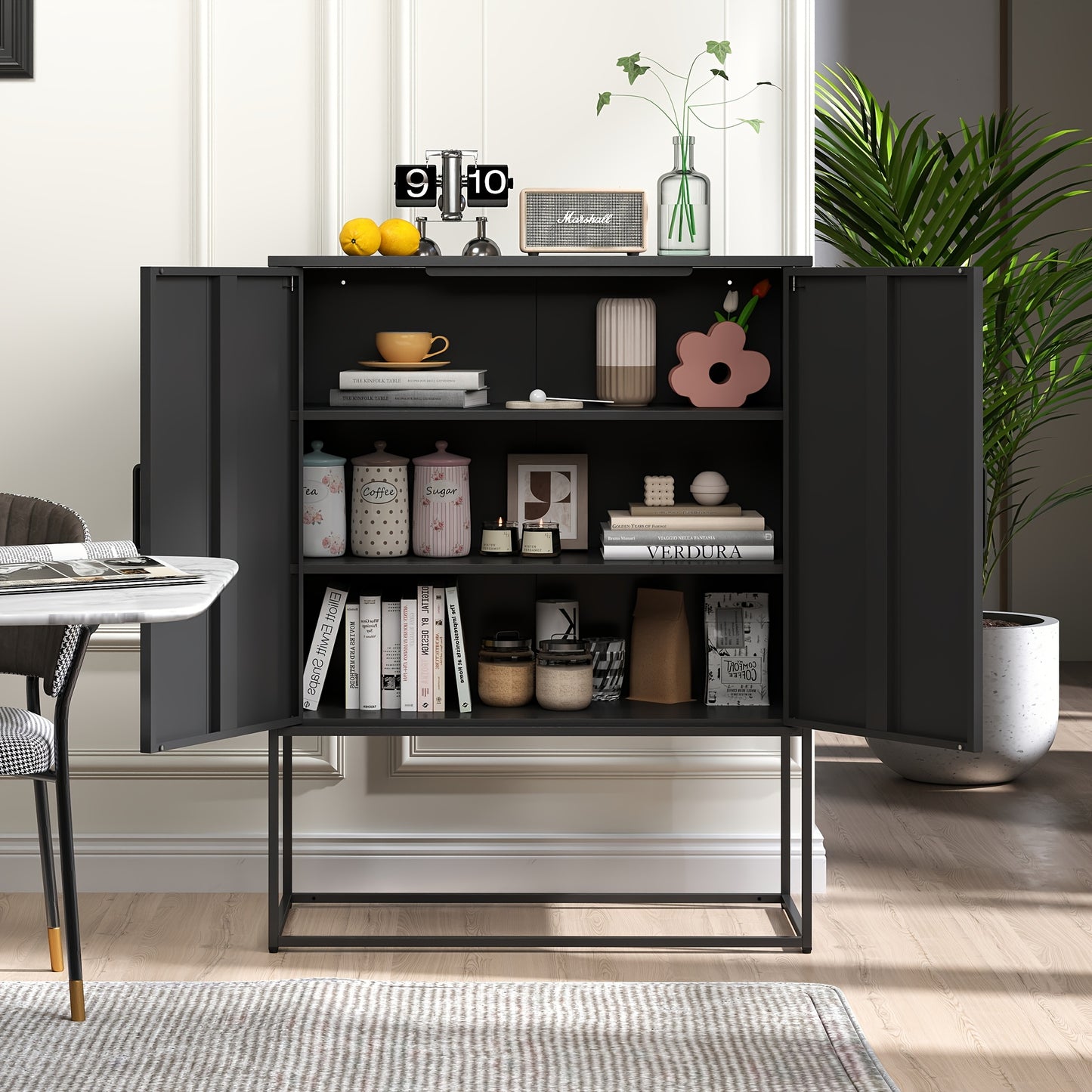 Kast – Opbergkast – Dressoir – Kledingkast – Sideboard – Modern – Stalen 2-Laags Opbergmeubel – Magnetische Deuren & Antikantelbeveiliging – Zwart – 109x84x41 cm