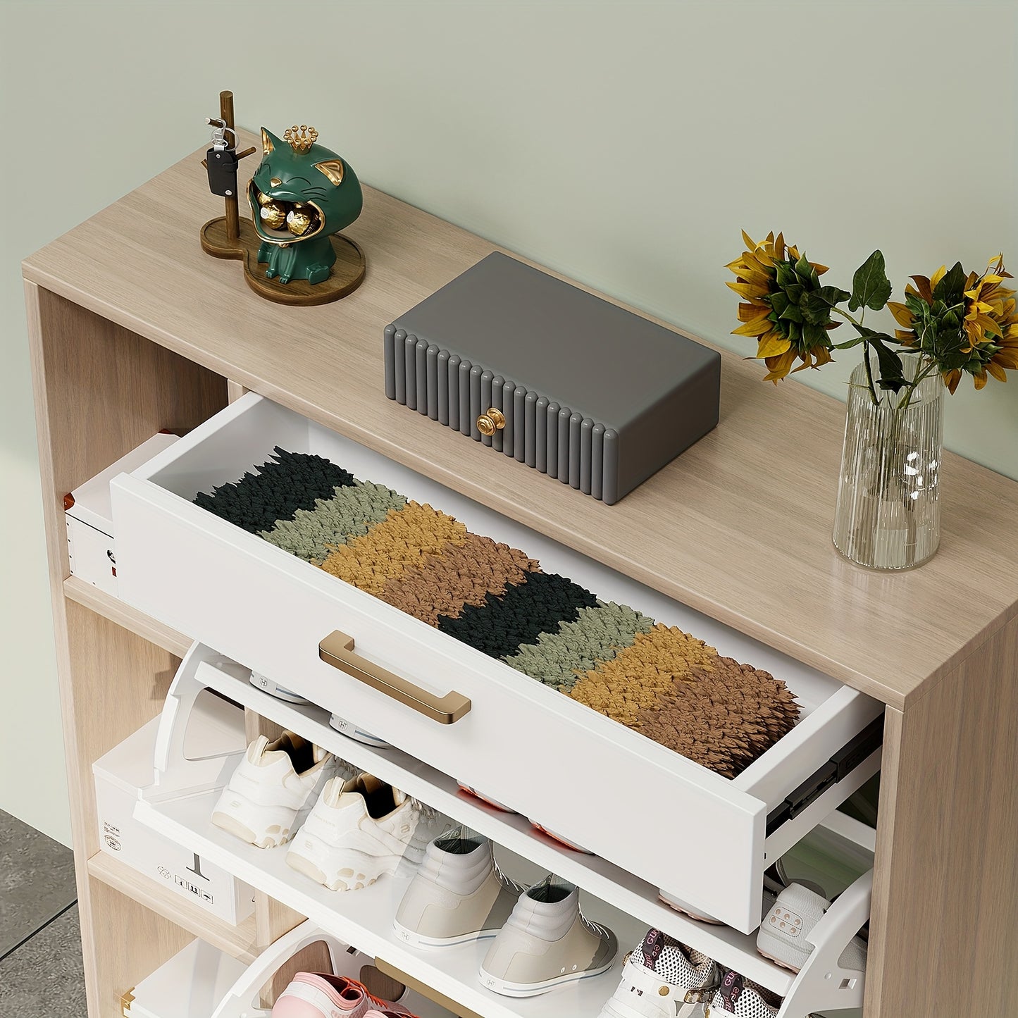Schoenenkast – Schoenenrek – Schoenenopberger – Halmeubel – Schoenenbank – Wit Hardhout – 2 Flipladen Met Verstelbare Panelen – Geschikt Voor 12-15 Paar Schoenen