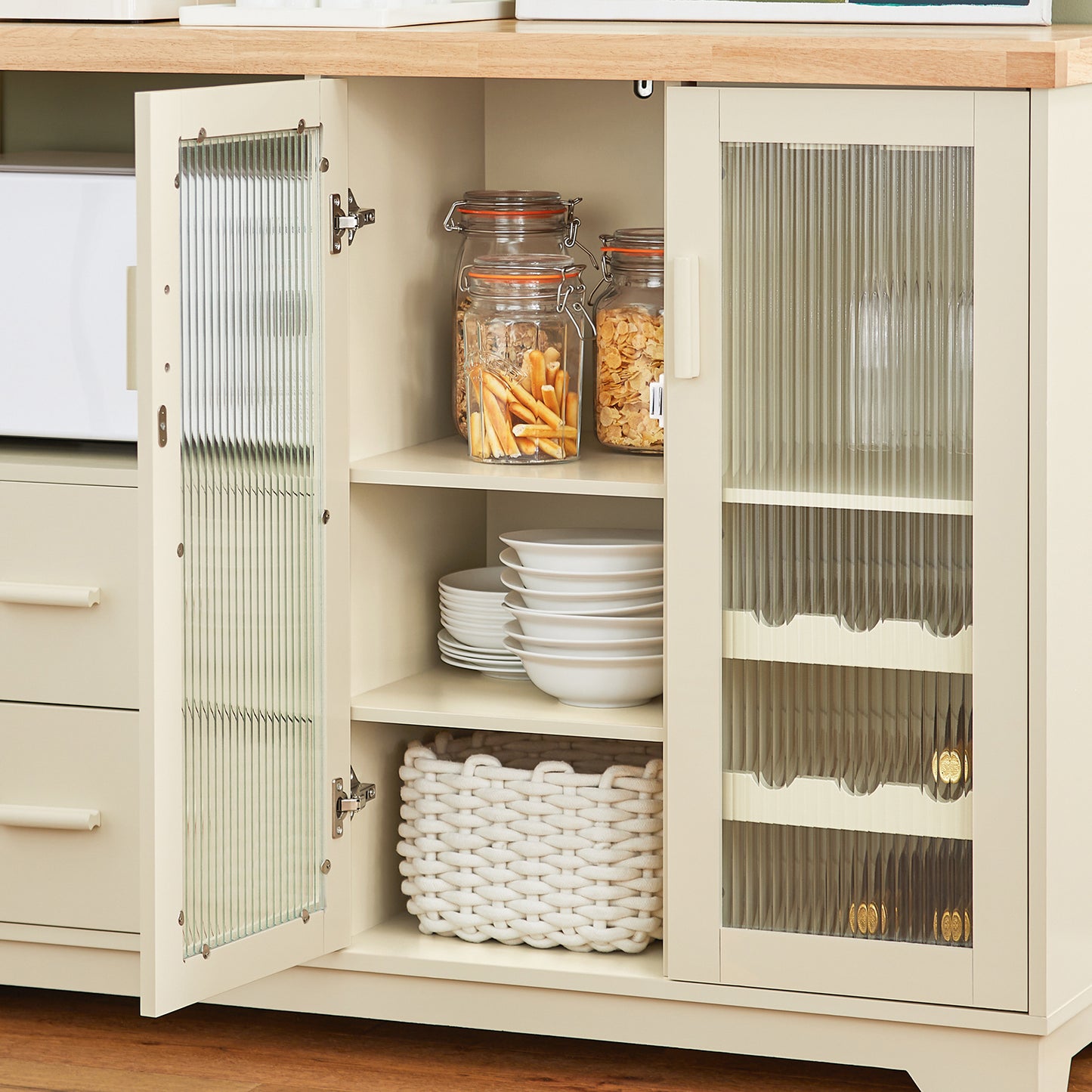 Keukenkast – Buffetkast – Opbergkast – Magnetronkast – Kast – Houtvezelplaat & Massief Hout – 120x40x90 cm – Ruime Indeling Met Glazen Deuren