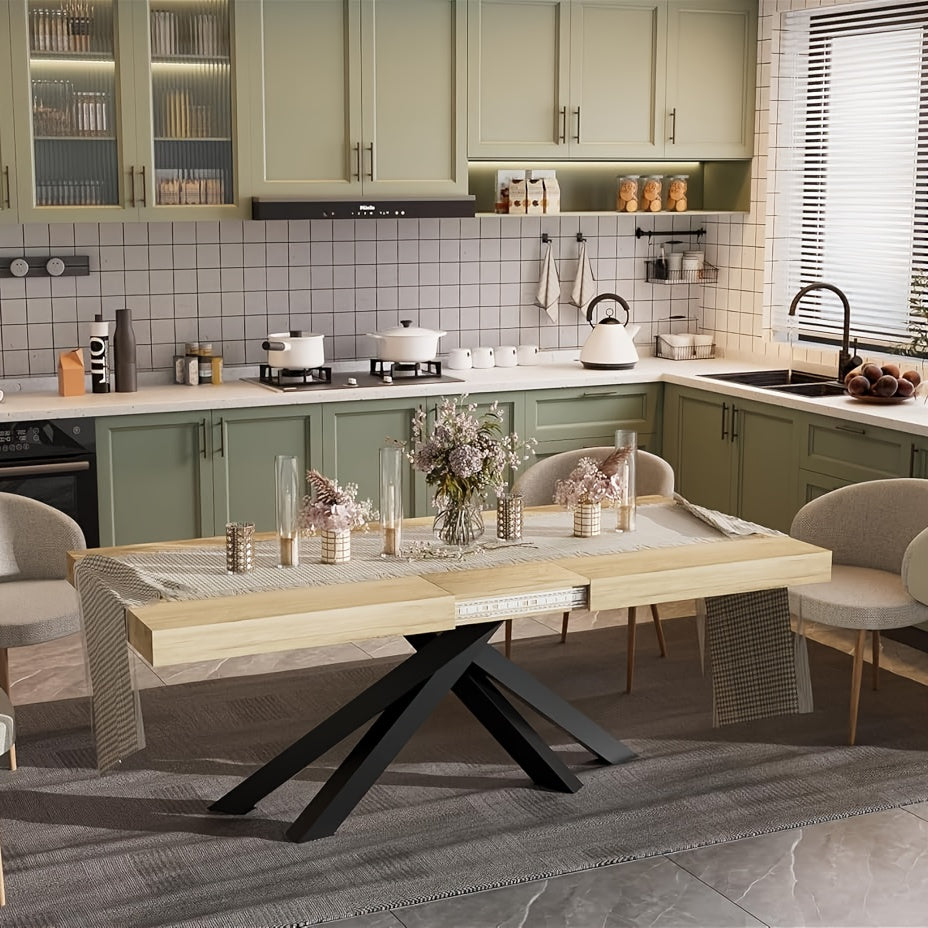Eettafel – Uitschuifbare Tafel – Keukentafel – Eetkamertafel – Industrieel – Hardhouten Blad – Metalen X-poten – Ruimtebesparend Design