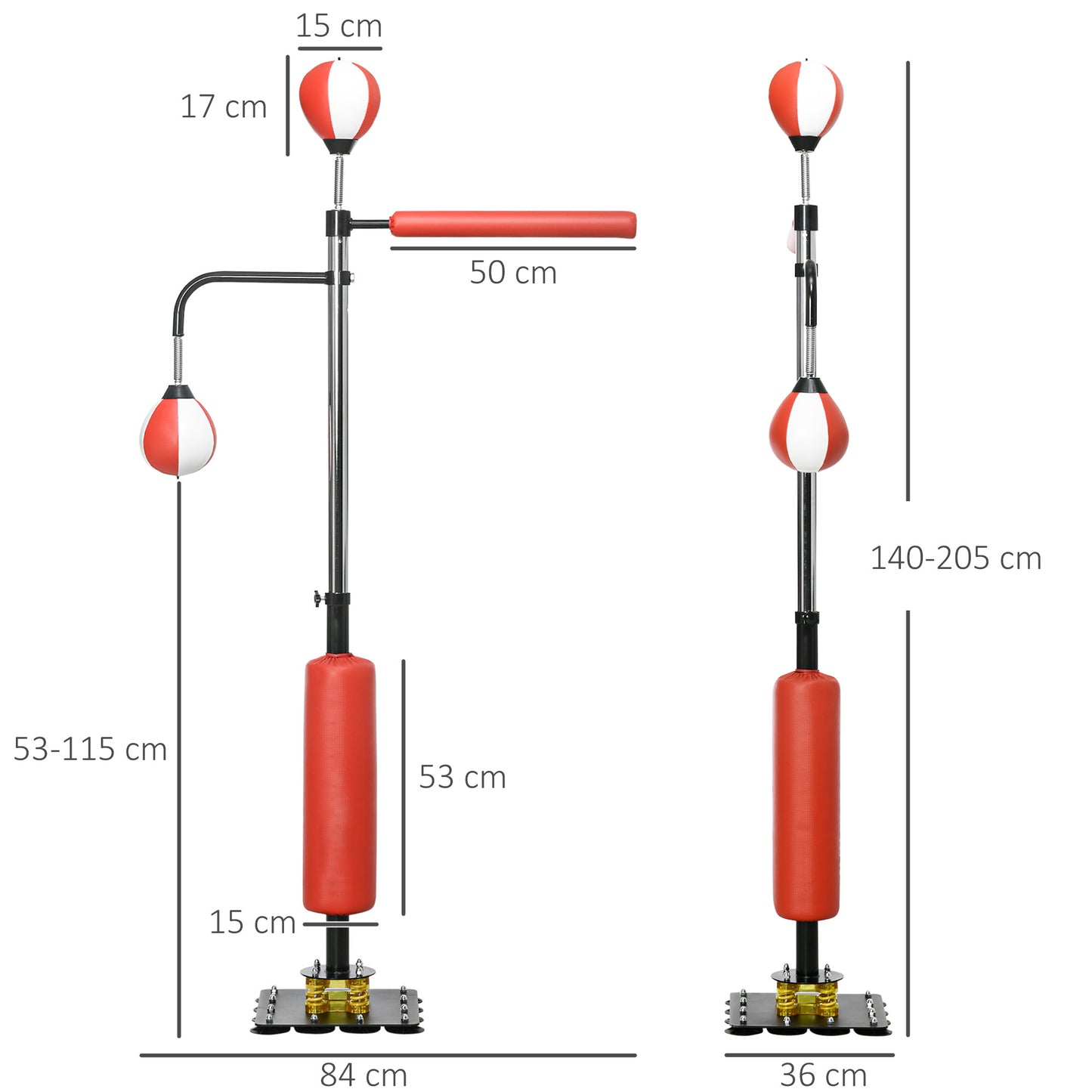 Bokszakstandaard – Bokszakhouder – Boksbalstandaard – Bokstrainer – Bokspaal – Verstelbare Hoogte 140-205 cm – 12 Zuignappen Voor Stabiliteit