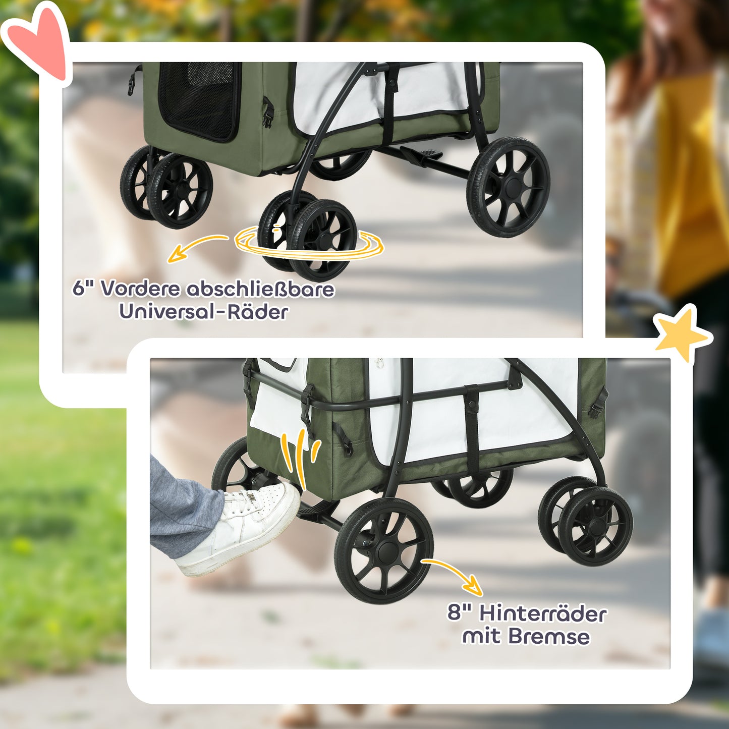 Dierenwagen – Hondenwagen – Huisdierenwagen – Opvouwbare Buggy – Wandelwagen – Comfortabele Bekleding – Veiligheidsharnassen – Donkergroen/Zwart/Wit – 81x58x97,5 cm