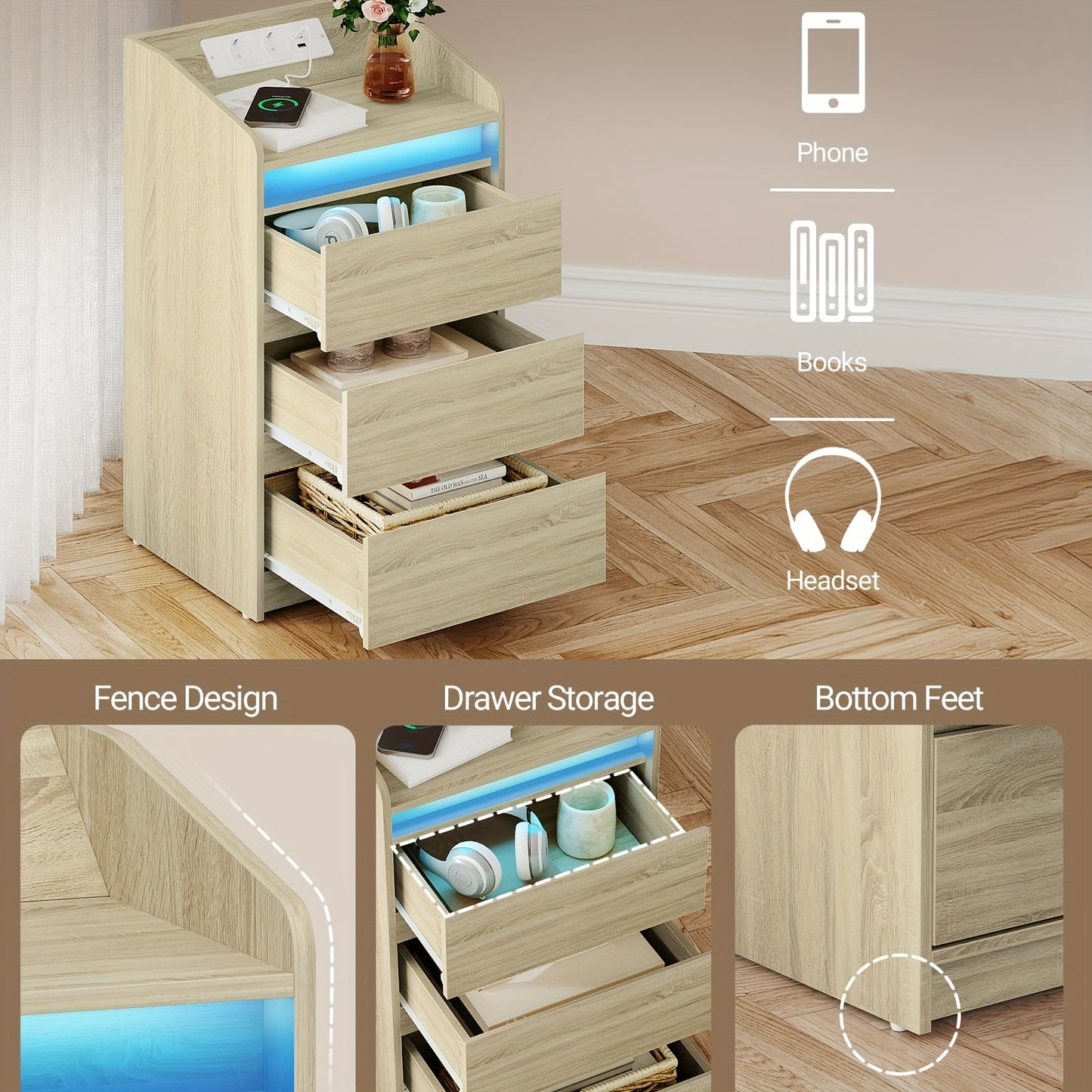 Nachtkastjes – Bedside Table – Bijzettafeltje – Nachtkastje – Ladeblok – Set Van 2 Met Oplaadstation – 2 AC Stopcontacten En 2 USB Poorten – Verstelbare LED Verlichting – Zwart
