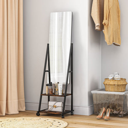 Staande Spiegel – Vloerspiegel – Rechthoekige Spiegel – Vintage Spiegel – Vrijstaande Spiegel – Verstelbare Kijkhoek – Met 2 Opbergrekken – Rustic Brown & Zwarte Accenten – 155 cm Hoog